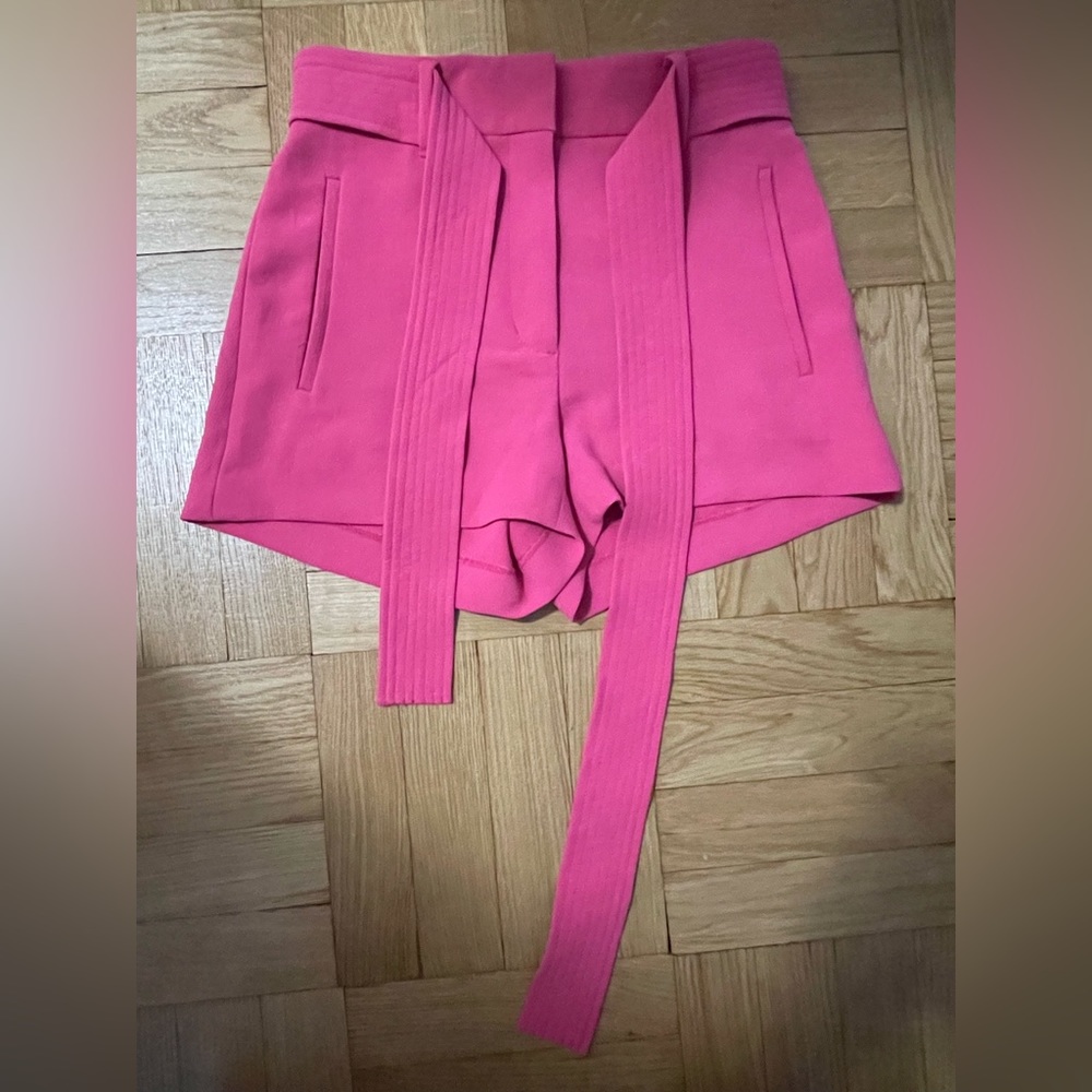 Bright pink belt shorts from Aritzia